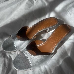 STAUD Metallic Silver Heeled Slides